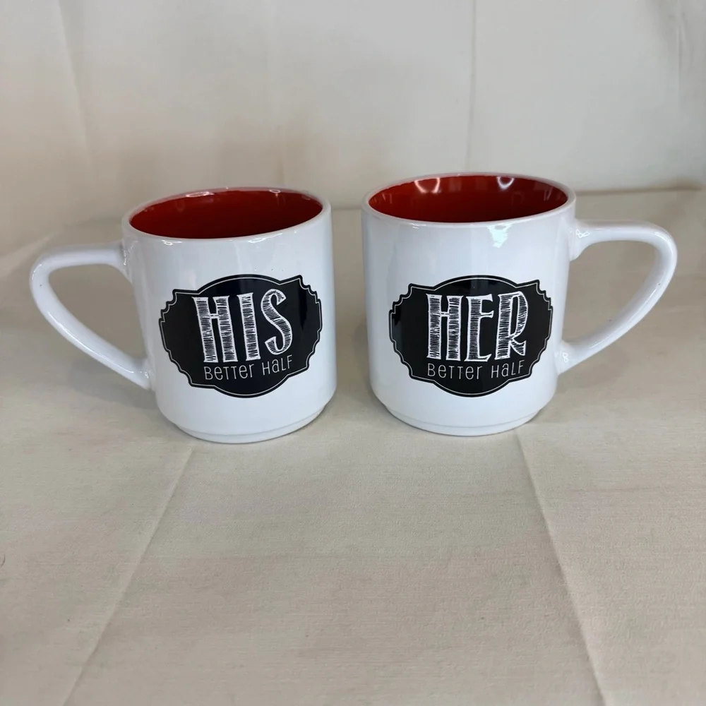 PIER 1 IMPORTS Mug Set of 2 His Hers BETTER HALF Coffee Style Cup Mug
